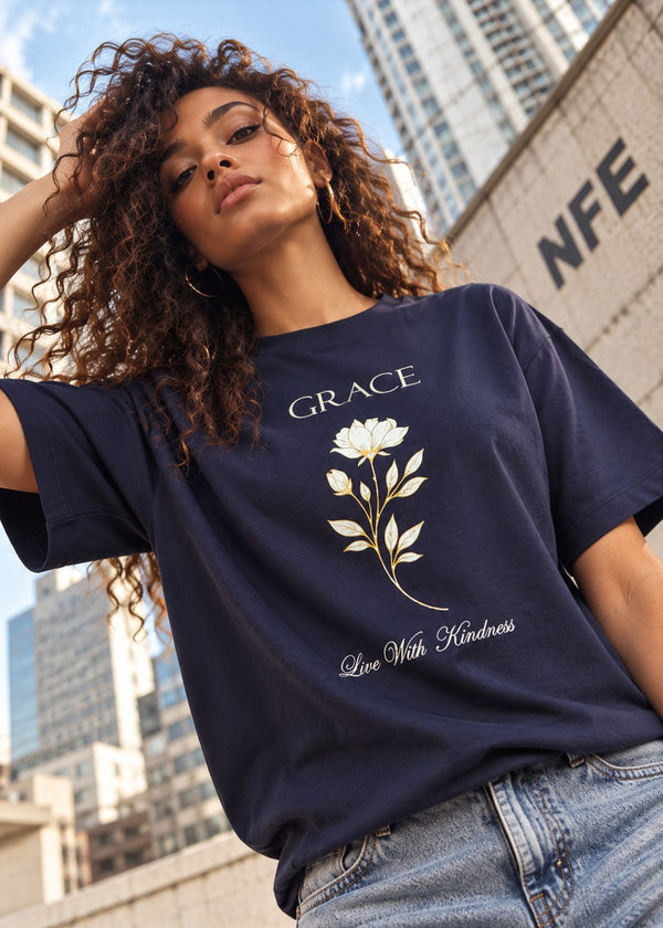 Women Navy Blue Oversize Floral Graphic Printed T-Shirt