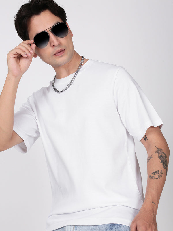 Men White Solid Cotton T Shirt