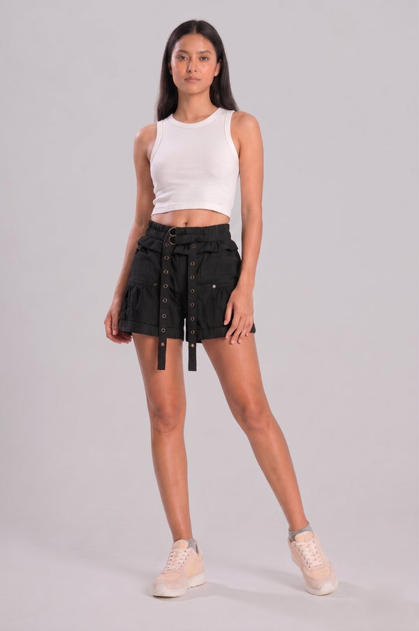 Women Black Solid Relaxed Fit Short