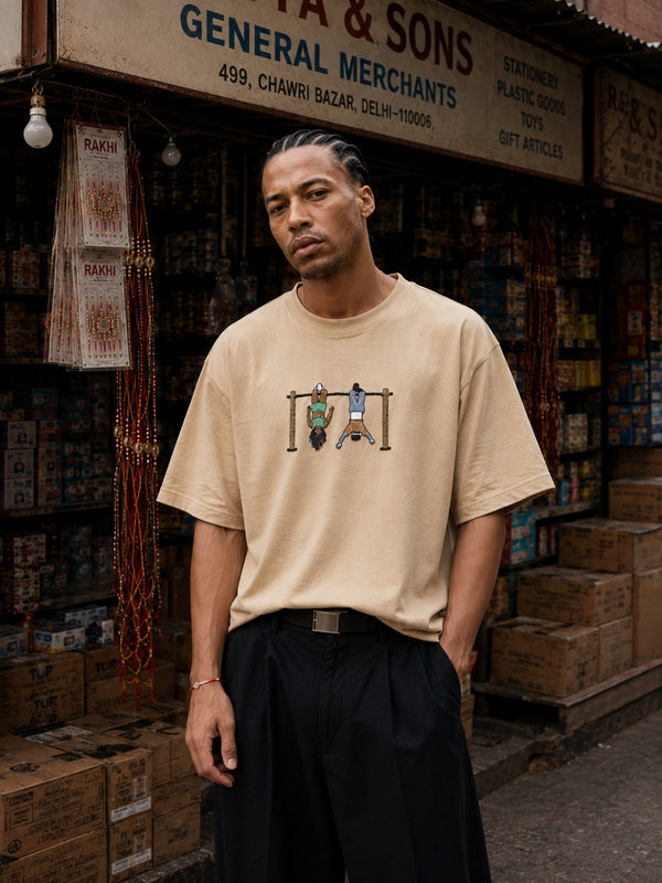 Mens Beige Embroidered Oversized T-Shirt