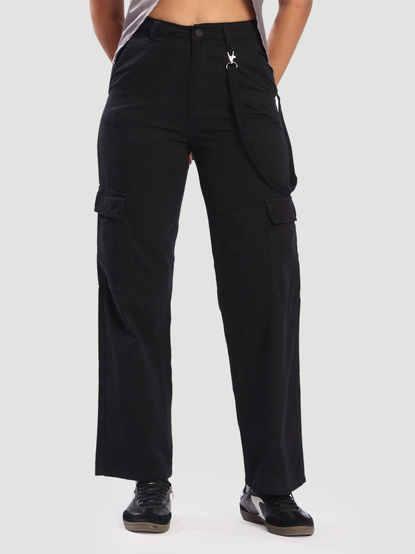 Women Black Straight Fit  Cargos Trousers with Side detachble Loop hanging