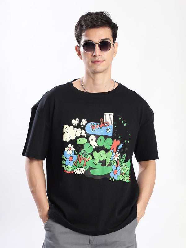 Men Black Graphic Oversized T-shirt