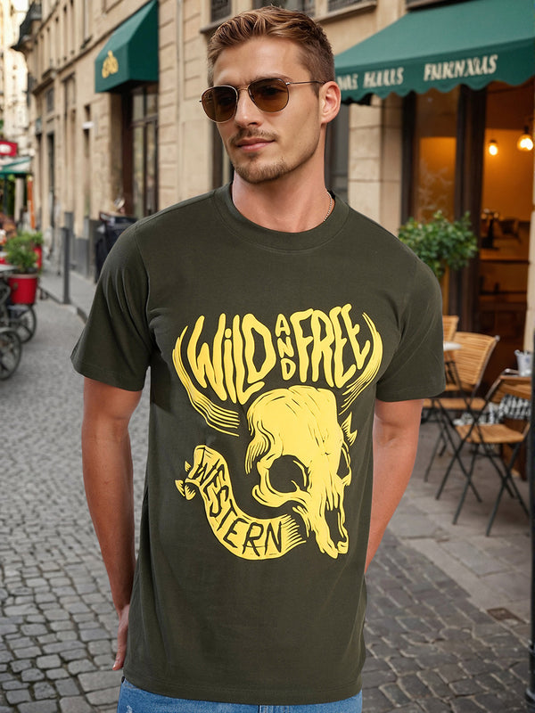 Men Green Puff  Print Cotton T Shirt