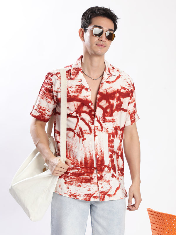 Men Red Resort Collar Abstract Print Shirt