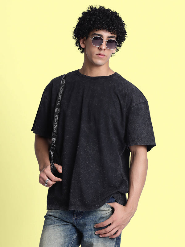 Men Black Acid Wash Oversized Fit T-Shirt