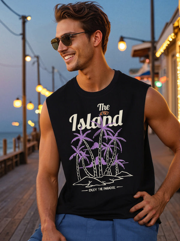 Men Black Graphic Print Relax Fit Sleeveless T Shirt