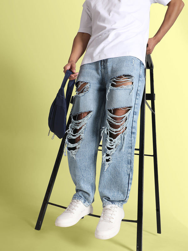 Men Relax Fit Highly Distressed Light Fade Jeans