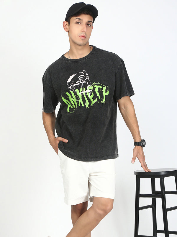 Mens Charcoal Acid-Wash Graphic T-shirt