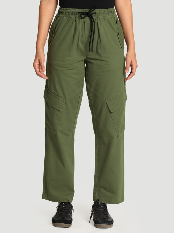 Womens relax fit slanted pockets Olive jogger with Elasticated Waist