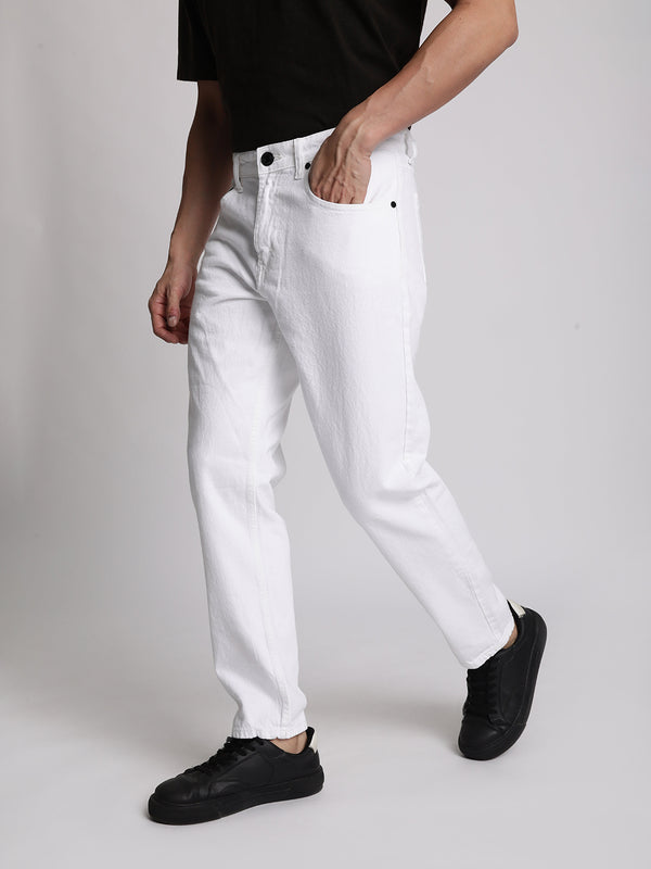 Men White Solid Regular Fit Denim Jeans