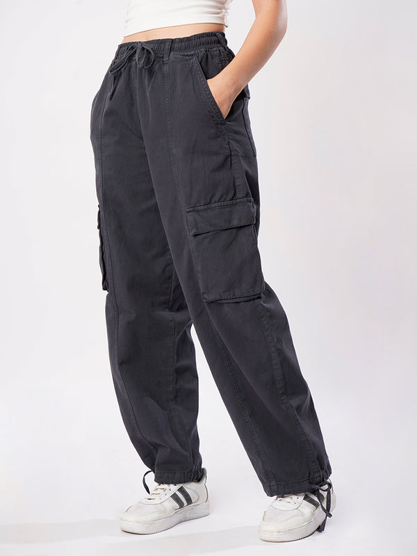 Women Grey Baggy Fit High-Rise Cargos Trousers