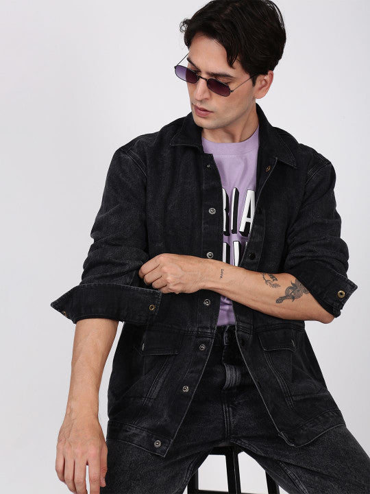 Men Solid Spread Collar Cotton Denim Jacket