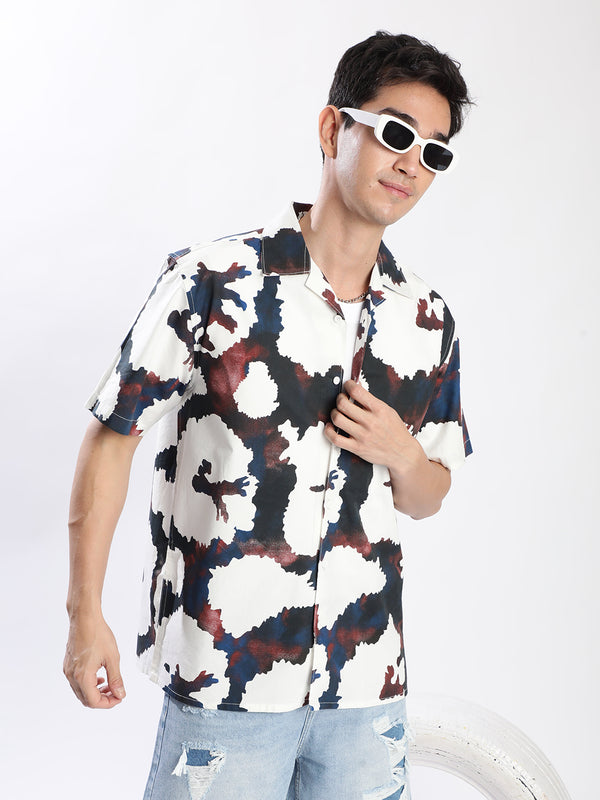 Mens White/Blue Resort Collar Abstract Print Shirt