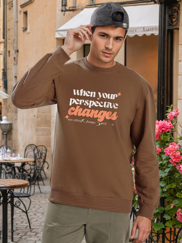 Men Crew Neck Drop Shoulder Graphic Printed Brown Sweatshirt