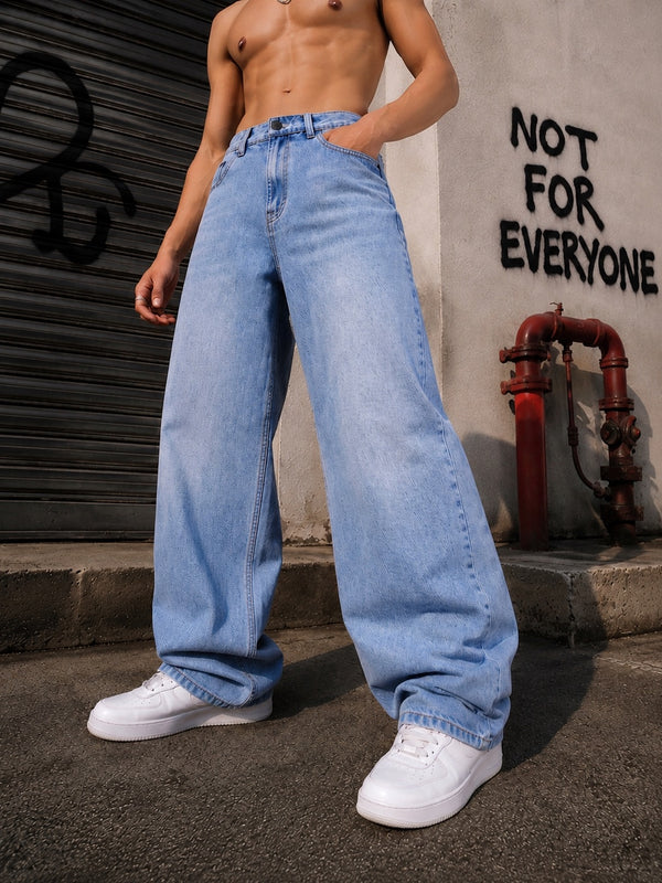 Men Blue Baggy Heavy Washed Jeans