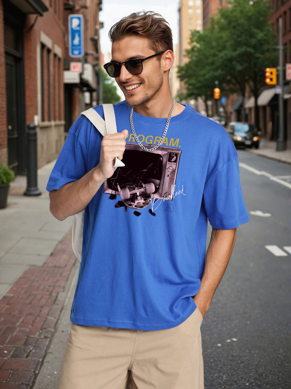 Men Blue Graphic Print Oversize T Shirt