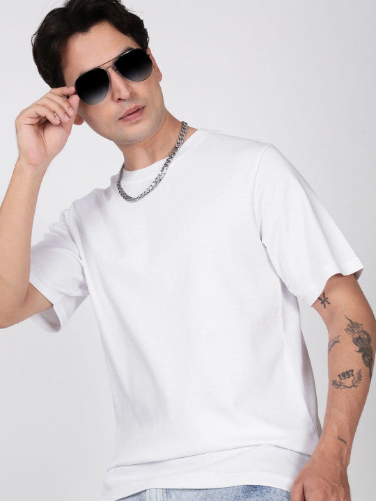 Men White Solid Cotton T-Shirt