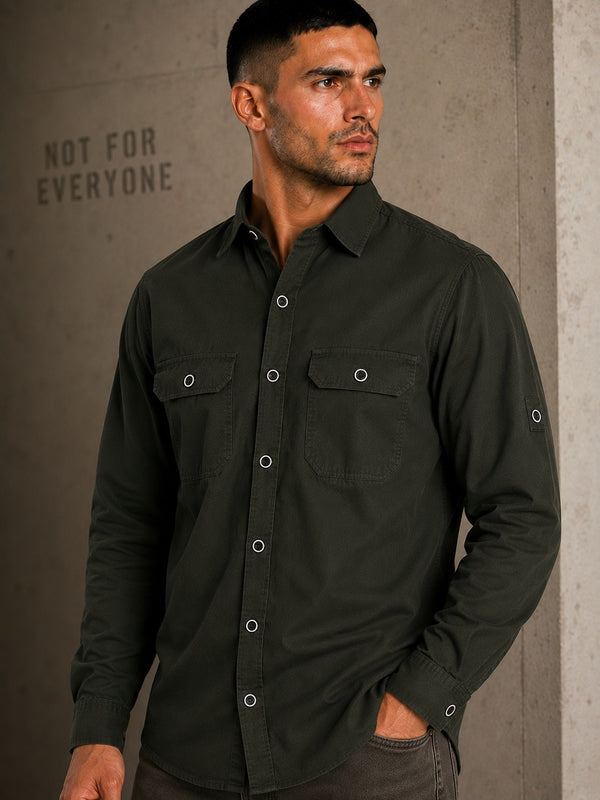 Men Olive double pocket Regular Fit Pure Cotton Casual Shirt