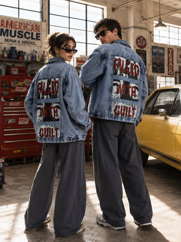 Unisex Mood Switch Oversized Denim Jacket with Swappable Graphic Patch