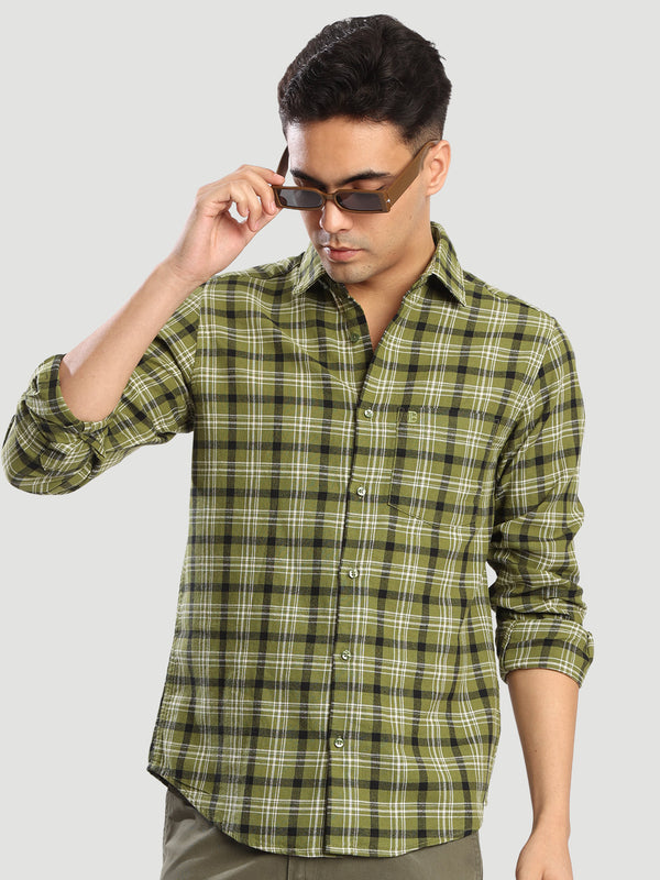 Mens Green Checked Brand embroidery Regular fit Casual Shirt
