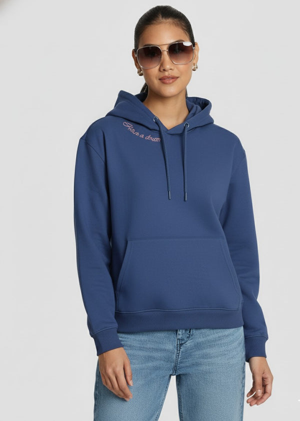 Women Navy Relax Fit Kangroo Pocket Graphic Print Hoodie