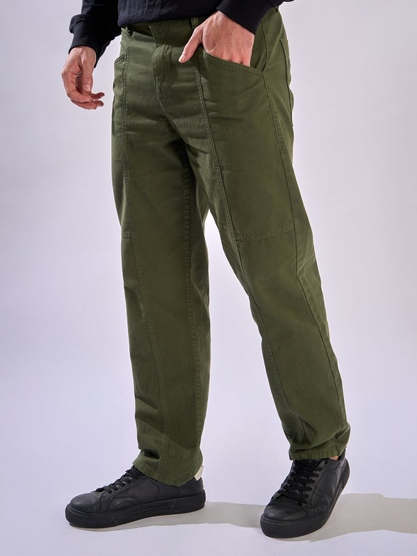 Men Olive Panelled Relax Trousers