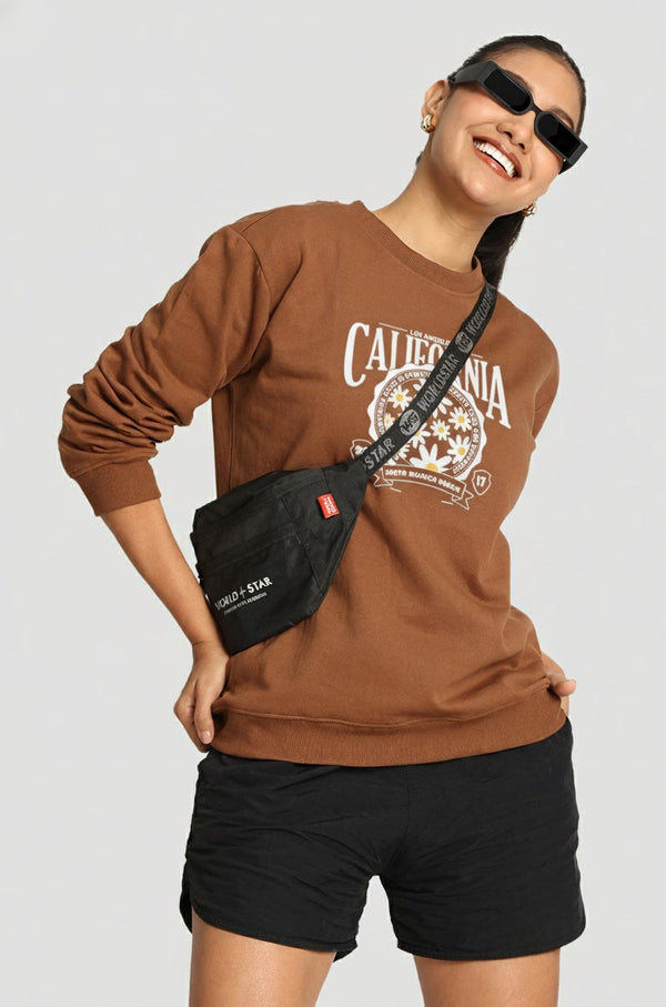 Women Relax Fit Brown Graphic Printed Pullover Sweatshirt
