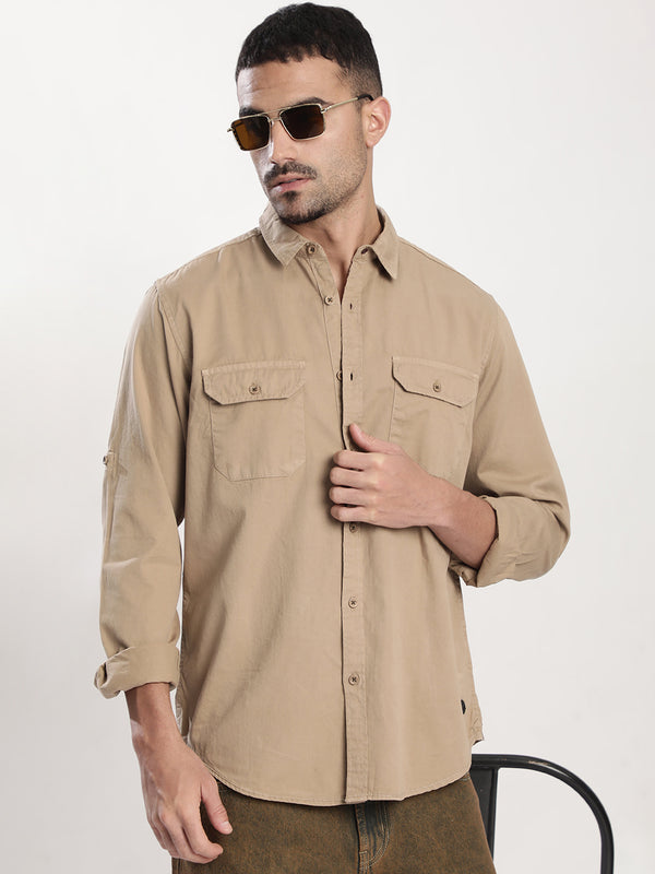 Men Beige Double Pocket Shirt
