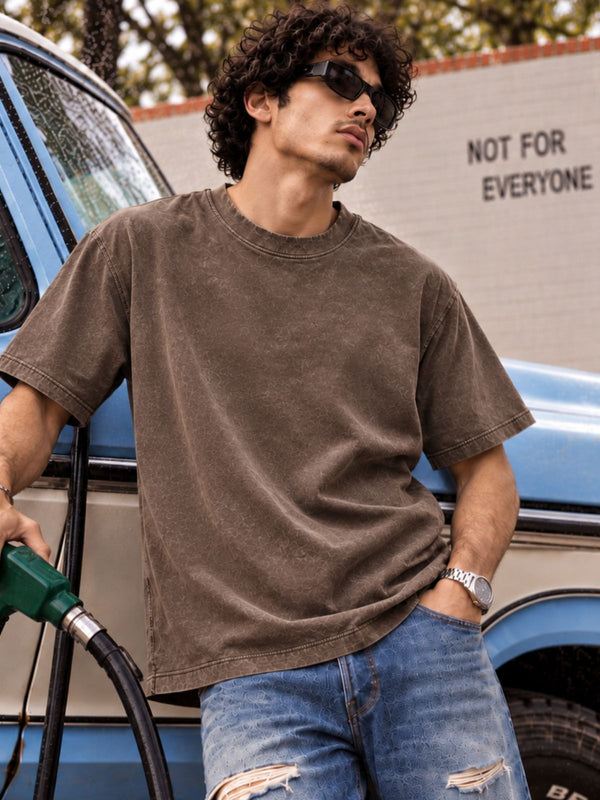 Men Taupe Brown Oversized Acid Wash T-Shirt