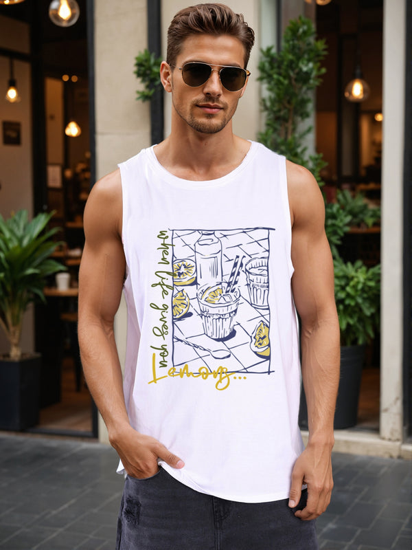 Men White Sleeveless Graphic Print Relax Fit T Shirt