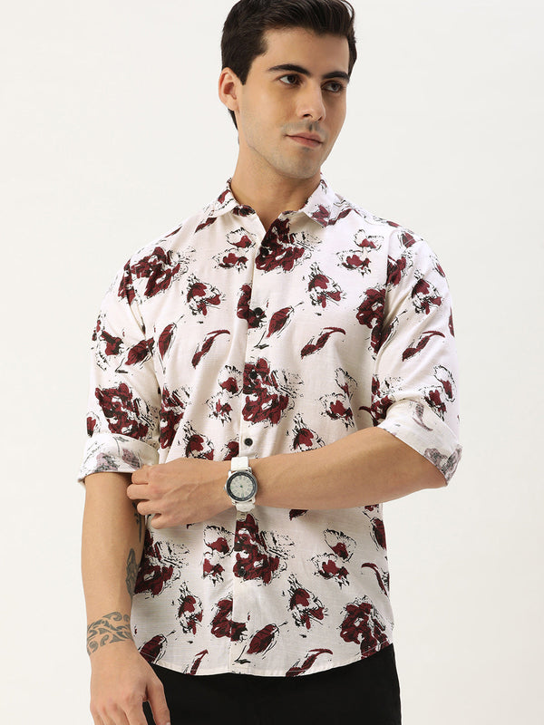 Men White & Maroon Slim Fit Floral Printed Cotton Casual Shirt