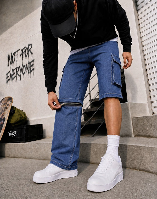 Men Navy Blue Straight Convertible Cargo Denim Trouser