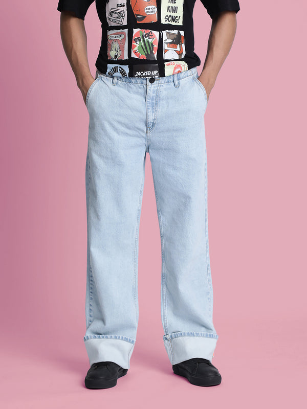 Men Solid Light Blue Wide-Leg Denim Jeans