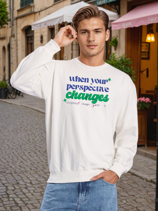 Men Crew Neck Drop Shoulder Graphic Printed Off White Sweatshirt