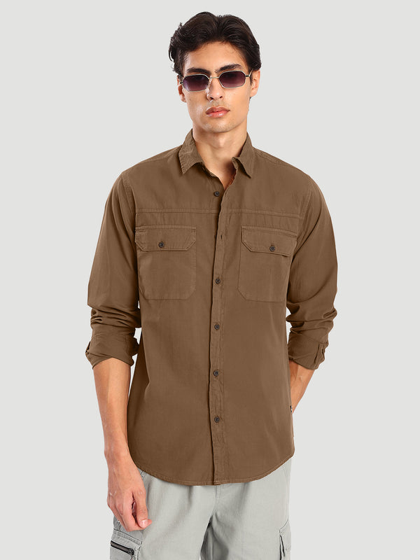 Men brown double pocket regular fit cotton casual shirt