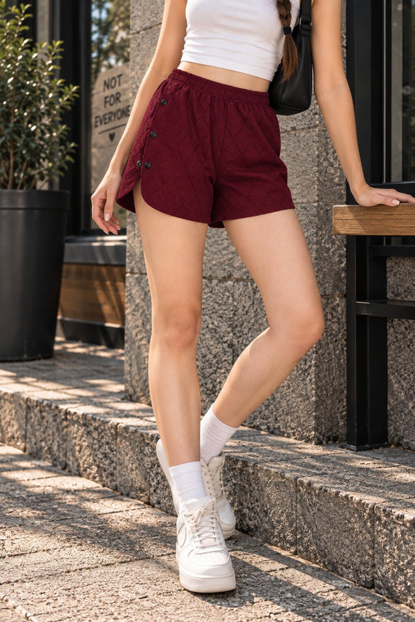 Women Maroon Textured Shorts with Side-snap Detailing