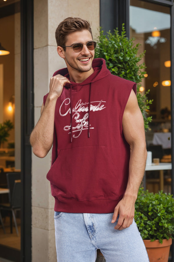Men Maroon Graphic Printed Sleeveless Hoodie with kangaroo pocket