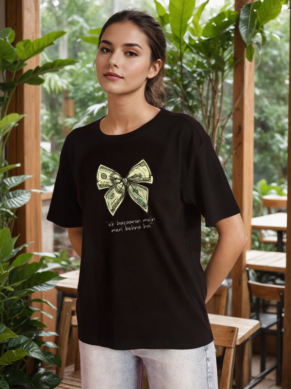 Women Black Graphic Oversized T Shirt