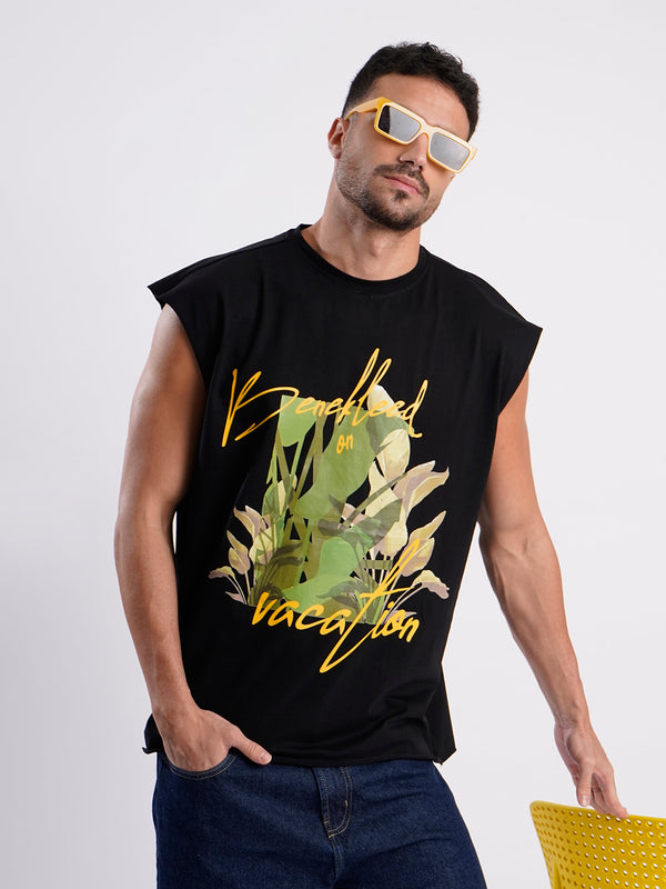 Men Black Sleeveless Graphic Oversized T Shirt