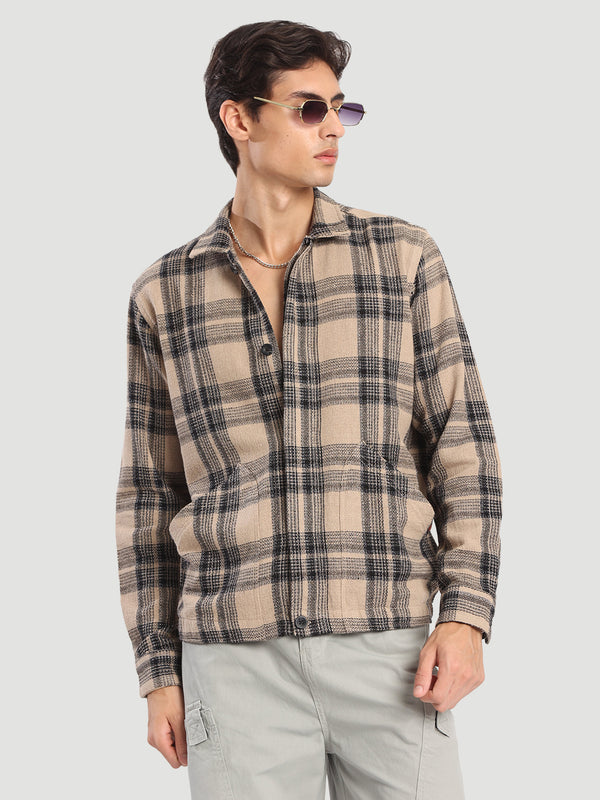 Men Beige Checked textured regular fit shaket