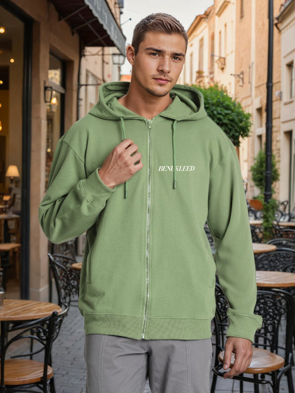 Men Relaxed front zipper Graphic print Olive hoodie