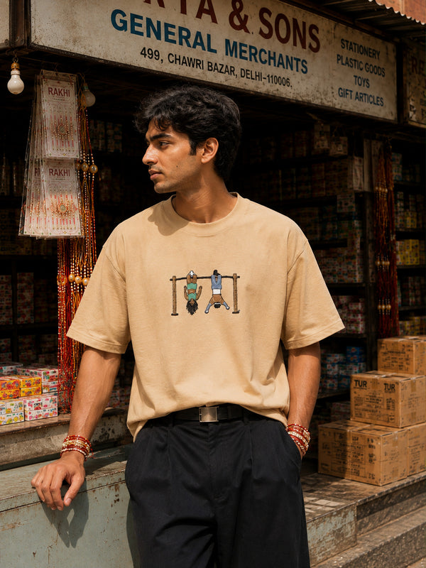 Mens Beige Embroidered Oversized T-Shirt