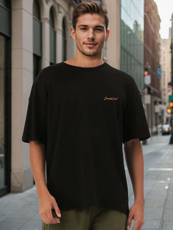Men Black Oversize Embroided T Shirt