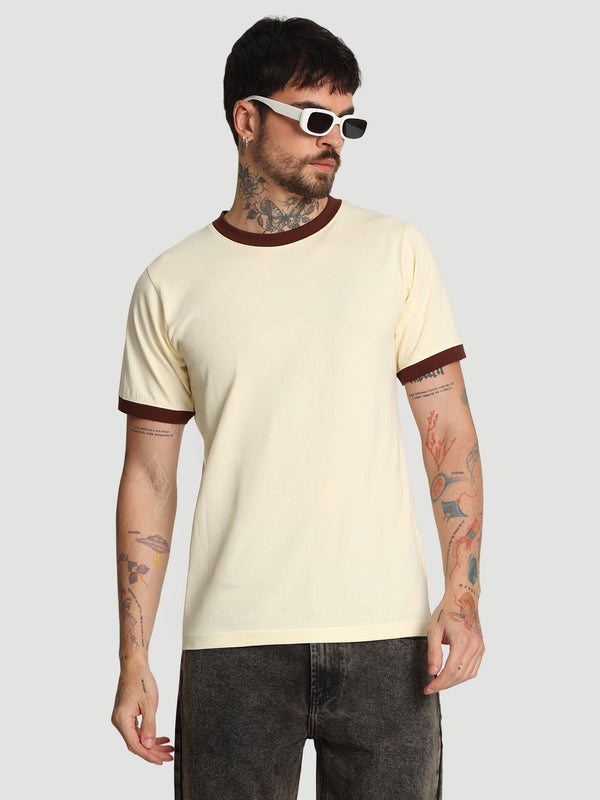 Men Cream Ringer Regular fit Cotton Tshirt