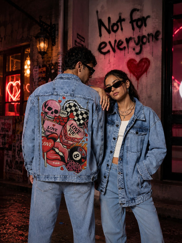 Unisex Mood Switch Oversized Denim Jacket with Swappable Graphic Patch