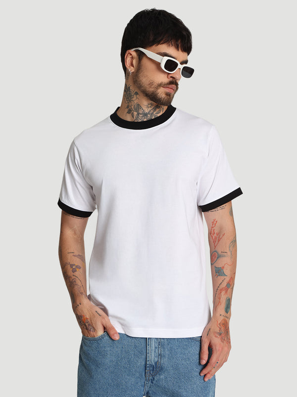 Men White Ringer Regular fit Cotton Tshirt