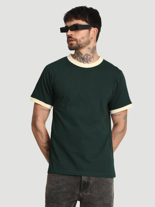 Men Green Ringer Regular fit Cotton Tshirt