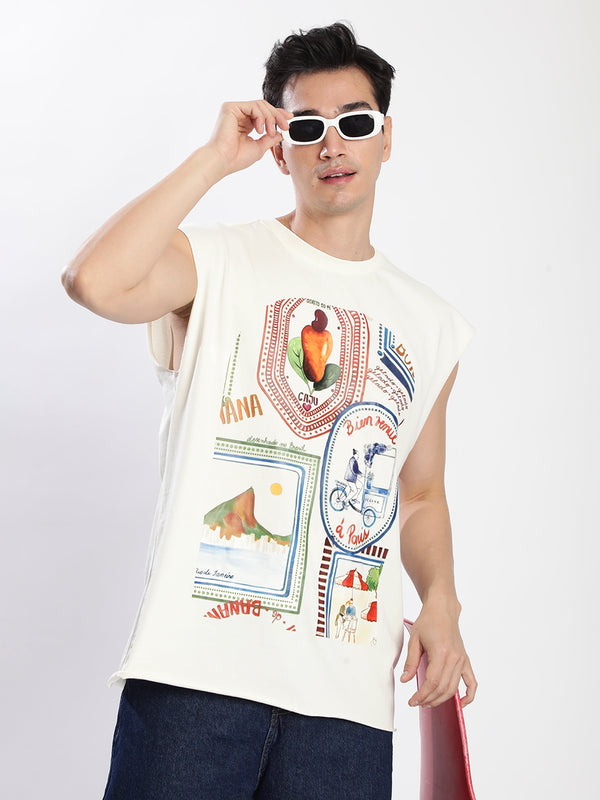 Men Cream Sleeveless Graphic Oversized T-shirt
