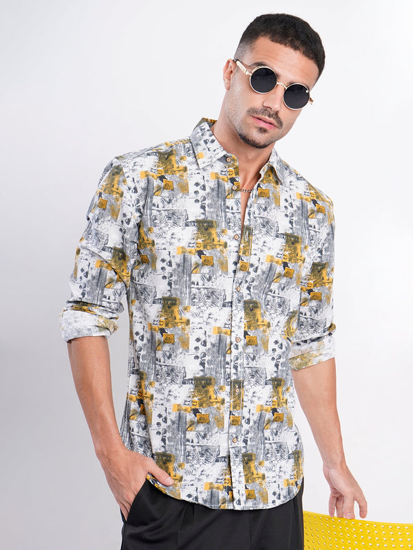 Men Grey and Mustard Abstract Print Slim Fit Shirt