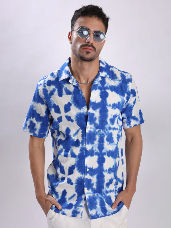 Mens Blue and White Tie and Dye Print Casual Shirt